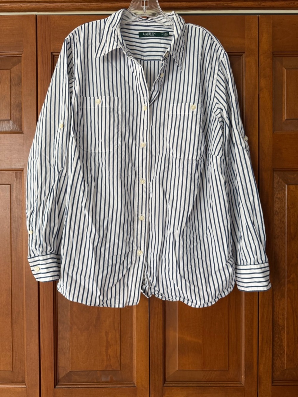 Ralph Lauren White Button-Down Shirt with Navy Vertical Stripes